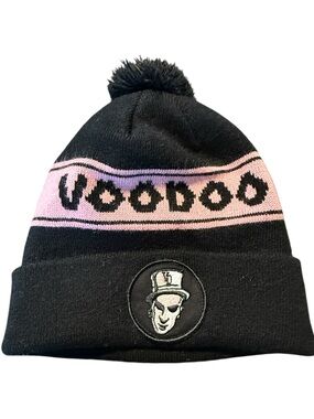 Voodoo Doughnut Baron Patch Beanie Cuffed With Pom Pom Hat Black & Pink OS